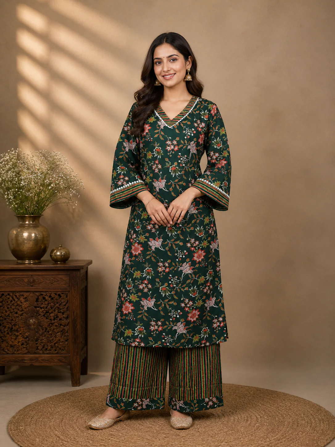 Dark Green Floral Designed Cotton Salwar Suit